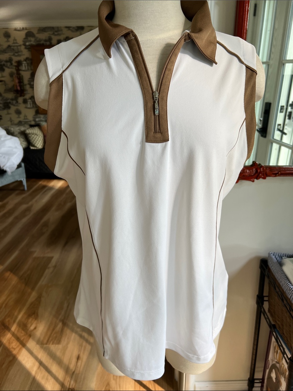 Izod White cool-fx Sleeveless Zip Polo with Brown Trim